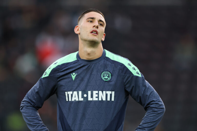 UDINE, ITALY - MAY 25: Lorenzo Lucca of Udinese looks on during the warm up prior to the Serie A match between Udinese and Fiorentina at Stadio Friuli on May 25, 2025 in Udine, Italy. (Photo by Timothy Rogers/Getty Images)