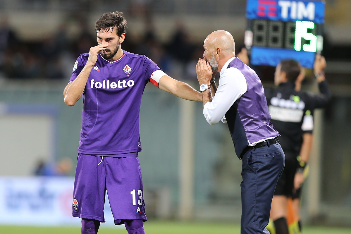 FLORENCE, ITALY - SEPTEMBER 16: Davide Astori of ACF Fiorentina and Stefano Pioli manager of ACF Fiorentina during the Serie A match between ACF Fiorentina and Bologna FC at Stadio Artemio Franchi on September 16, 2017 in Florence, Italy. (Photo by Gabriele Maltinti/Getty Images)