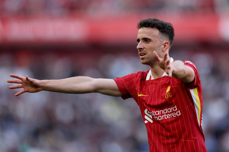 LIVERPOOL, ENGLAND - APRIL 27: Diogo Jota of Liverpool during the Premier League match between Liverpool FC and Tottenham Hotspur FC at Anfield on April 27, 2025 in Liverpool, England. (Photo by Carl Recine/Getty Images)