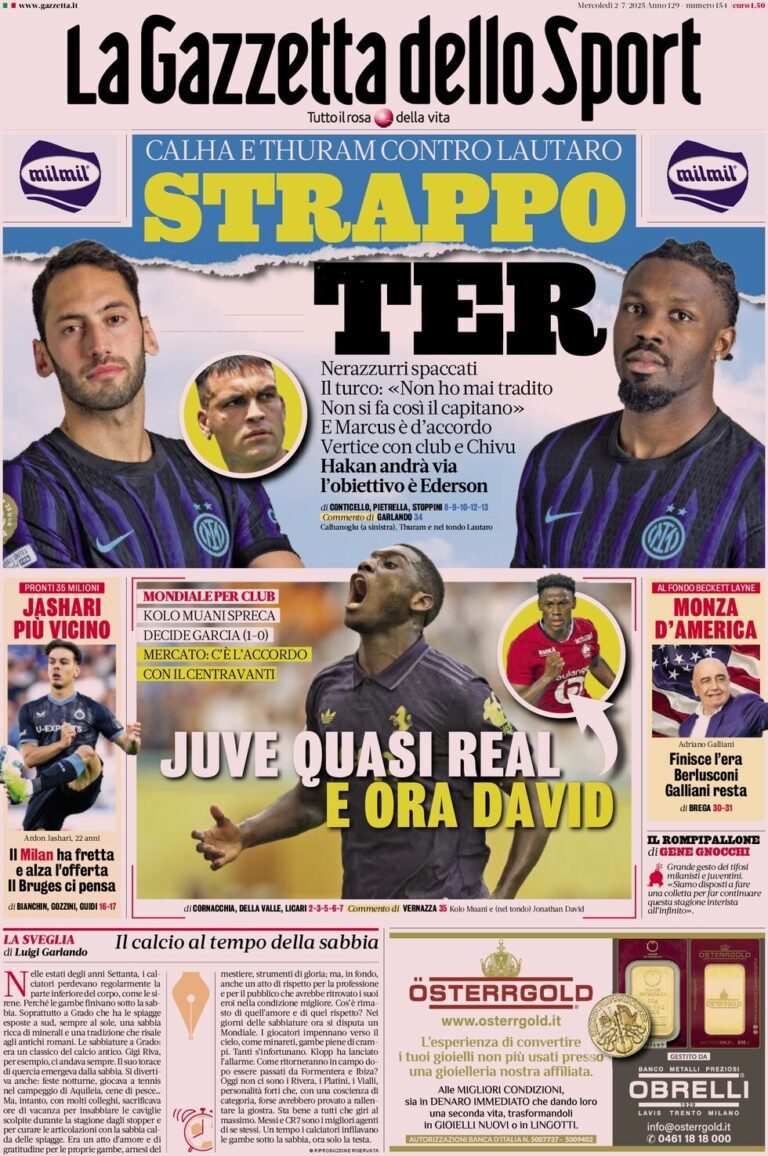 Today’s Papers – Inter stars break up, Juventus get David