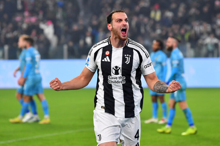 TURIN, ITALY - DECEMBER 14: Federico Gatti of Juventus celebrates scoring his team's first goal during the Serie A match between Juventus and Venezia at Allianz Stadium on December 14, 2024 in Turin, Italy. (Photo by Valerio Pennicino/Getty Images)