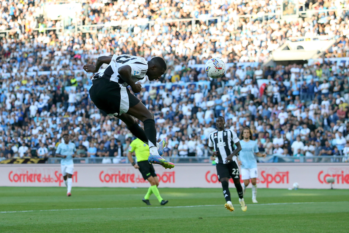 ROME, ITALY - MAY 10: Randal Kolo Muani of Juventus scores his team's first goal from a header during the Serie A match between SS Lazio and Juventus at Stadio Olimpico on May 10, 2025 in Rome, Italy. (Photo by Paolo Bruno/Getty Images)