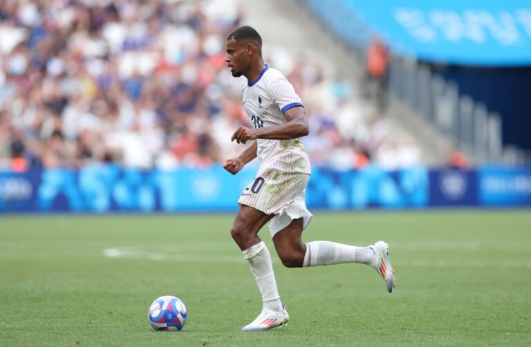 MARSEILLE, FRANCE - JULY 30: Andy Diouf #20 of Team France during the Men's group A match between New Zealand and France during the Olympic Games Paris 2024 at Stade de Marseille on July 30, 2024 in Marseille, France. (Photo by Alex Livesey/Getty Images)