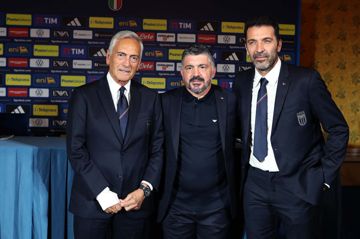 Italy vs. Estonia official line-ups: 2026 World Cup qualifier 6 ROME, ITALY - JUNE 19: Gianluigi Buffon, Italy new head coach Gennaro Gattuso and FIGC president Gabriele Gravina pose during the press conference at Hotel Parco dei Principi on June 19, 2025 in Rome, Italy. (Photo by Paolo Bruno/Getty Images)