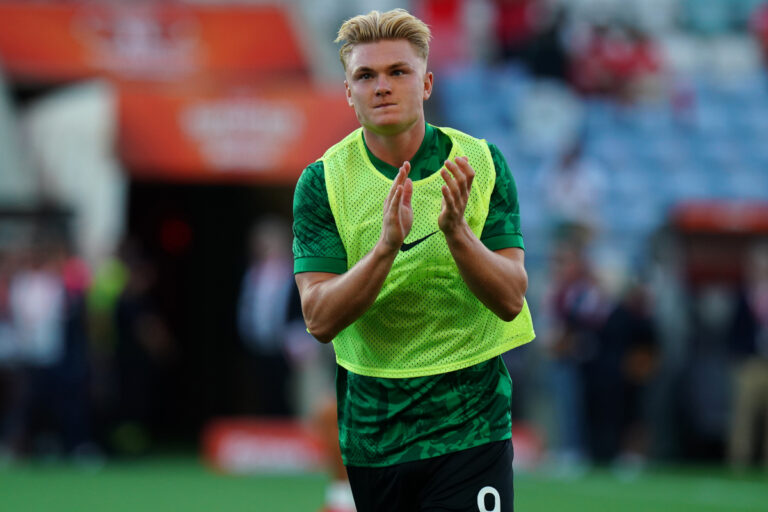 FARO, PORTUGAL - JULY 31: Conrad Harder of Sporting CP in action during warm up before the start of the Portuguese Super Cup match between Sporting CP and SL Benfica at Estadio Algarve on July 31, 2025 in Faro, Portugal. (Photo by Gualter Fatia/Getty Images)