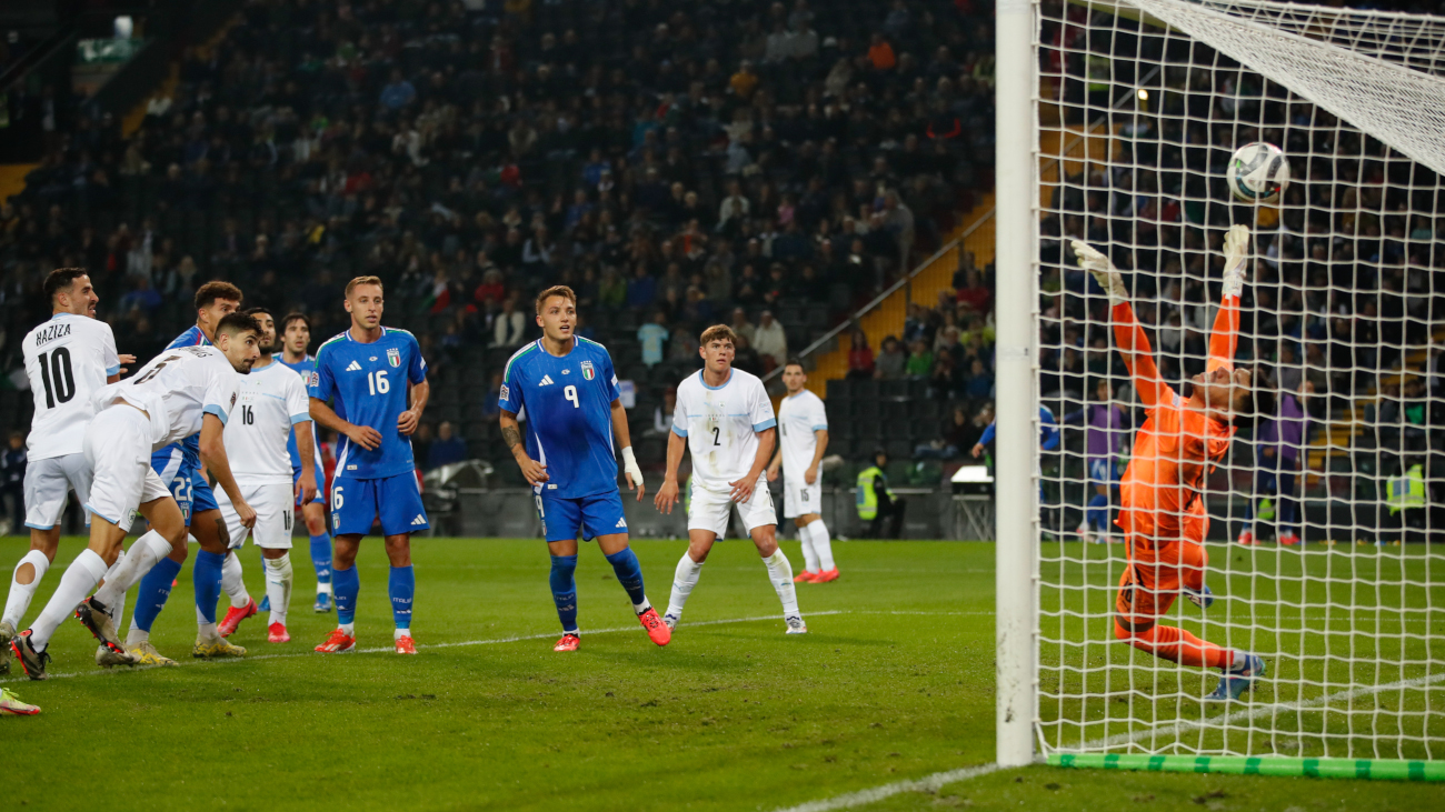 Italian Coaches’ Association call for Israel to be suspended by UEFA and FIFA 4 UDINE, ITALY - OCTOBER 14: Italian Giovanni Di Lorenzo of Italy scores with a header during the UEFA Nations League 2024/25 League A Group A2 match between Italy and Israel at Stadio Friuli on October 14, 2024 in Udine, Italy. (Photo by Timothy Rogers/Getty Images)