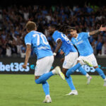 NAPLES, ITALY - AUGUST 30: Frank Anguissa of SSC Napoli celebrates after scoring his side last second winner during the Serie A match between SSC Napoli and Cagliari Calcio at Stadio Diego Armando Maradona on August 30, 2025 in Naples, Italy. (Photo by Francesco Pecoraro/Getty Images)