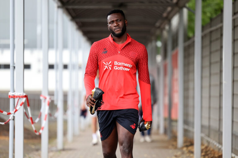 LEVERKUSEN, GERMANY - JULY 07: Victor Boniface attends a training session of Bayer 04 Leverkusen after resume of summer break at Training Ground on July 07, 2025 in Leverkusen, Germany. (Photo by Christof Koepsel/Getty Images)