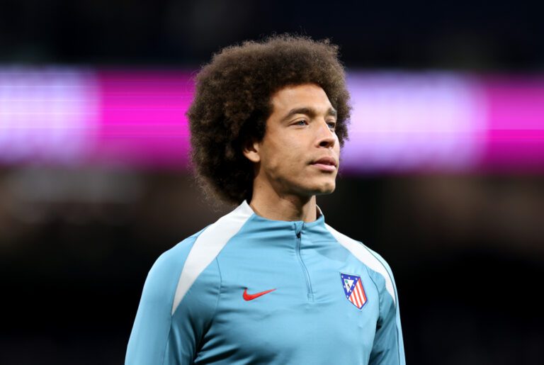 MADRID, SPAIN - FEBRUARY 08: Axel Witsel of Atletico de Madrid looks on during the warm-up prior to the LaLiga match between Real Madrid CF and Atletico de Madrid at Estadio Santiago Bernabeu on February 08, 2025 in Madrid, Spain. (Photo by Florencia Tan Jun/Getty Images)