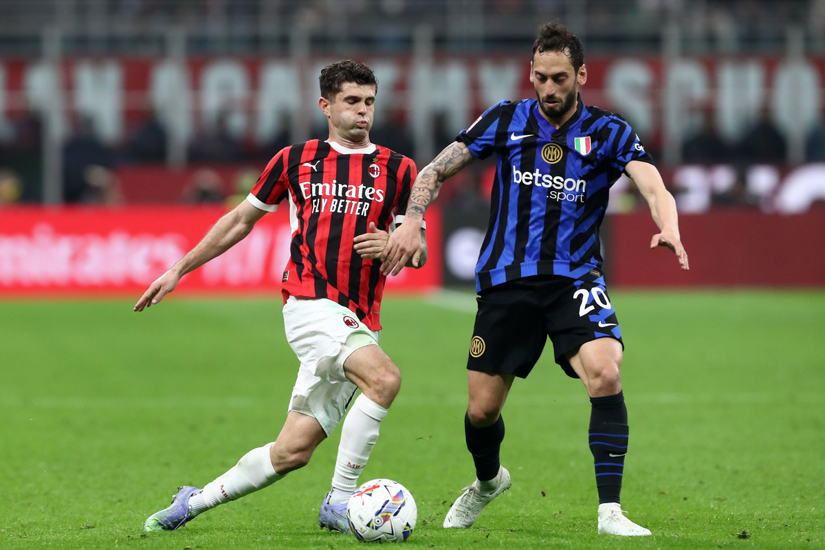 Full Serie A fixtures and kick-off times for Week 3 to 12 announced 31 MILAN, ITALY - APRIL 02: Christian Pulisic of AC Milan tries to get past Hakan Calhanoglu of FC Internazionale during the Coppa Italia Semi Final match between AC Milan and FC Internazionale at Stadio Giuseppe Meazza on April 02, 2025 in Milan, Italy. (Photo by Marco Luzzani/Getty Images)