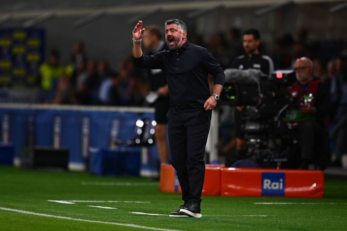 BERGAMO, ITALY - SEPTEMBER 05: Coach Gennaro Gattuso of Italy gesture during the FIFA World Cup 2026 qualifier match between Italy and Estonia at Stadio di Bergamo on September 05, 2025 in Bergamo, Italy. (Photo by Mattia Ozbot/Getty Images)