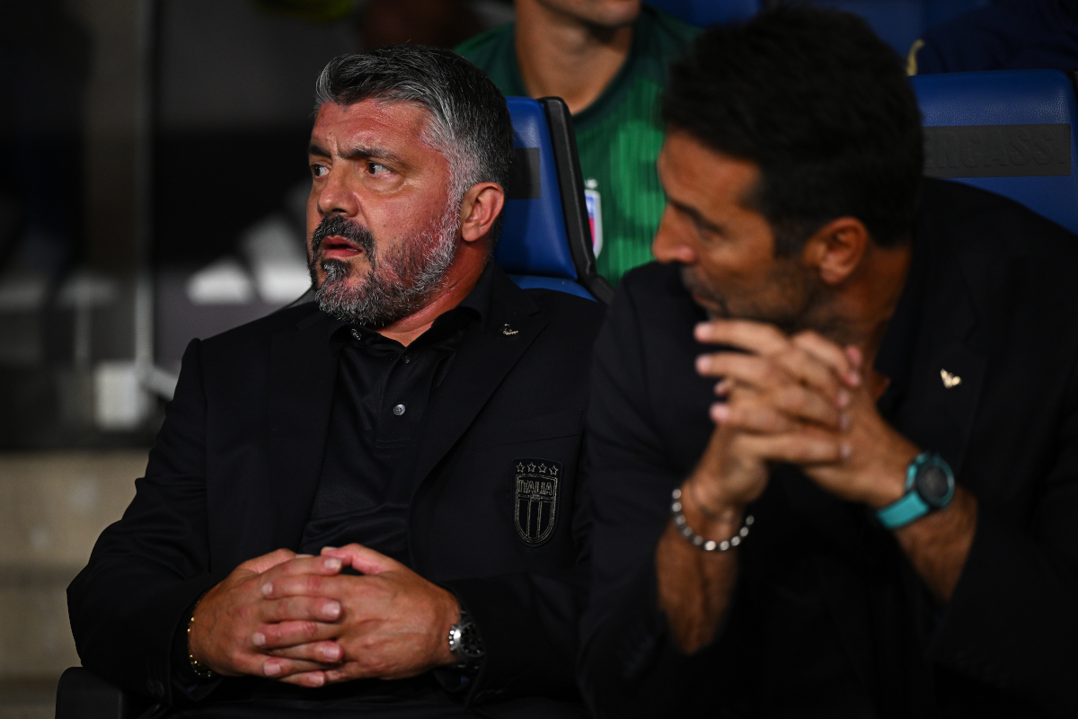 BERGAMO, ITALY - SEPTEMBER 05: Gennaro Gattuso, Head Coach of Italy during the National anthems prior to the FIFA World Cup 2026 qualifier match between Italy and Estonia at Stadio di Bergamo on September 05, 2025 in Bergamo, Italy. (Photo by Mattia Ozbot/Getty Images)