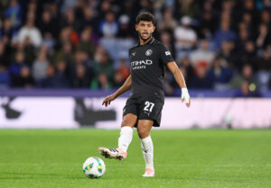HUDDERSFIELD, ENGLAND - SEPTEMBER 24: Matheus Nunes of Manchester City during the Carabao Cup Third Round match between Huddersfield Town and Manchester City at Accu Stadium on September 24, 2025 in Huddersfield, England. (Photo by Matt McNulty/Getty Images)