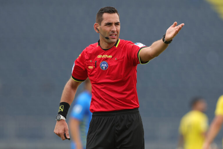EMPOLI, ITALY - MAY 4: Andrea Colombo referee gestures during the Serie A match between Empoli and SS Lazio at Stadio Carlo Castellani on May 4, 2025 in Empoli, Italy. (Photo by Gabriele Maltinti/Getty Images)
